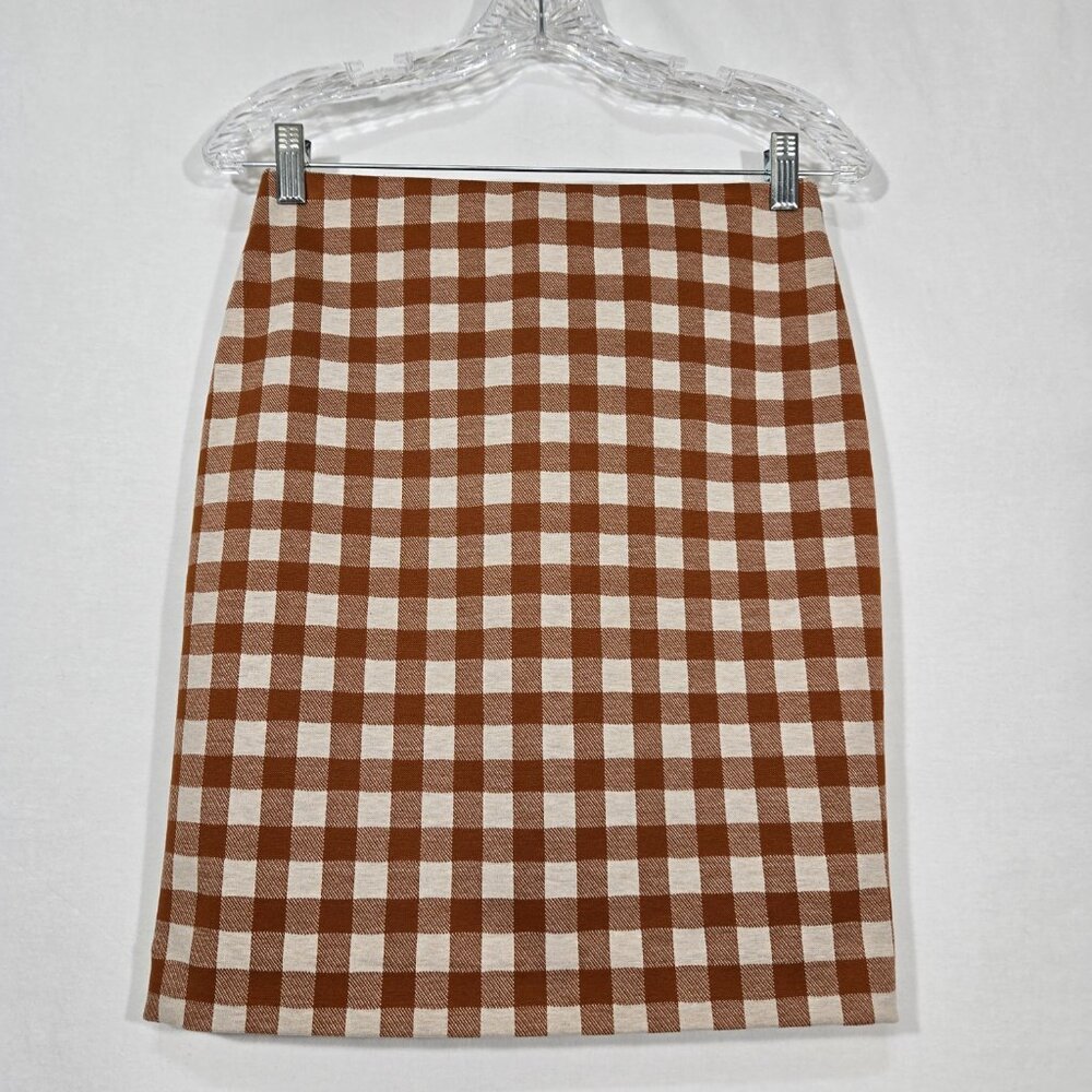 ACADEMIA - SIREN Brown & Beige Checkered Ponte Knit Pencil Mini Skirt PETITE XSP - Picture 3 of 16